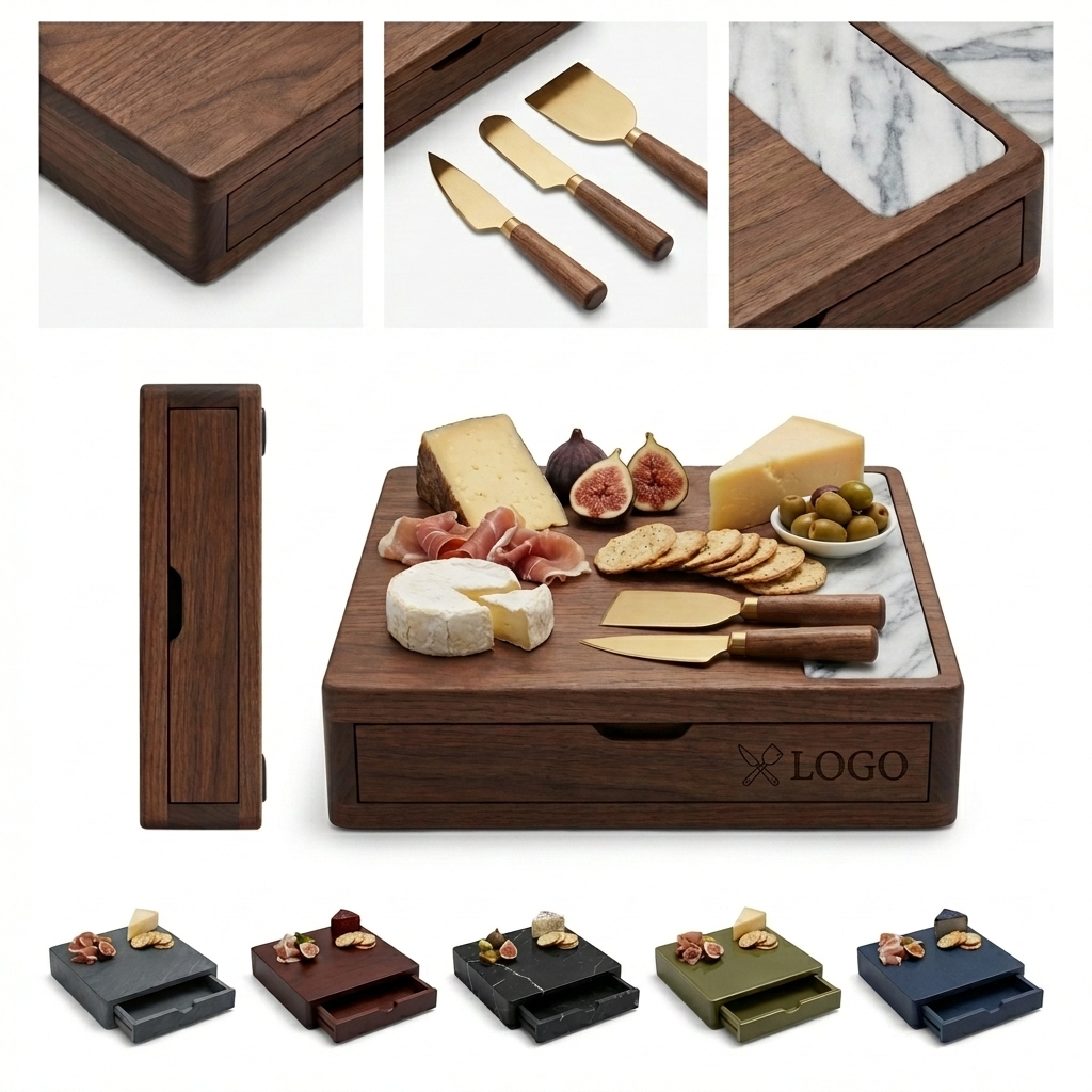 Walnut & Marble Charcuterie Board Set with Hidden Drawer & Gold Knives